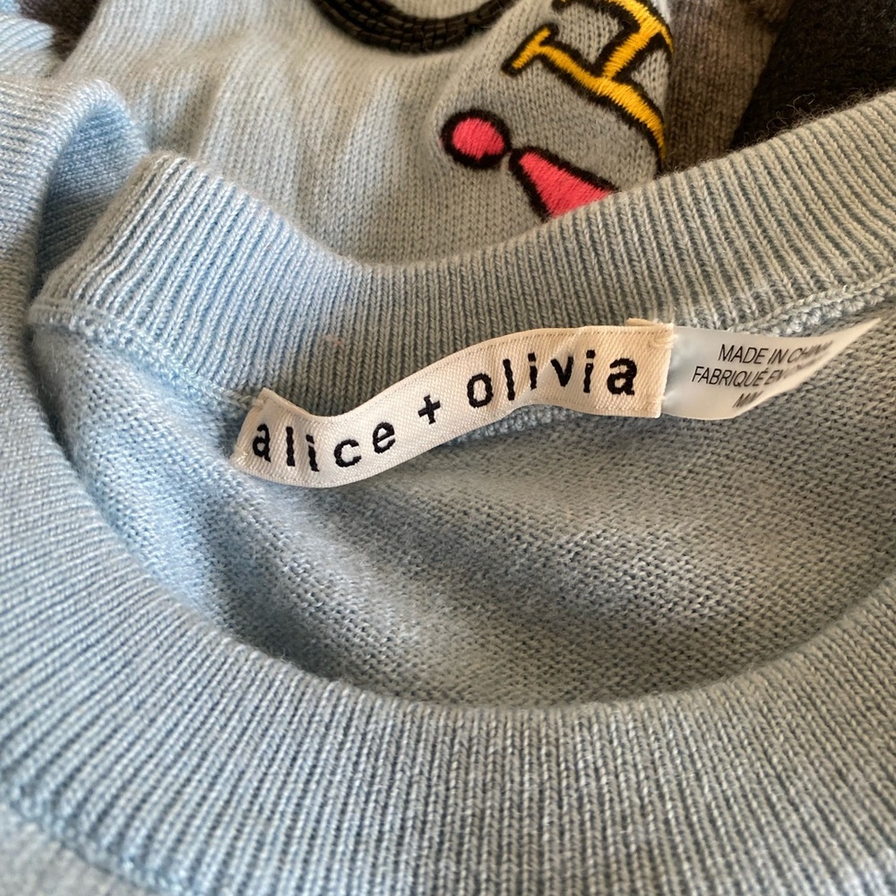 Alice + Olivia Sky Blue and Gray Travel Patch Crewneck Sweater - Picture 9 of 10